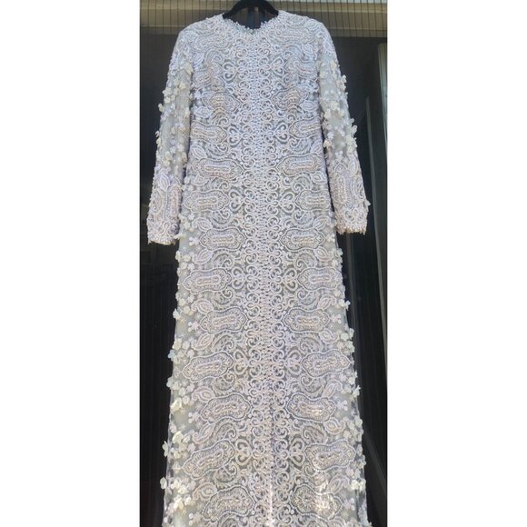 Gemy Maalouf Lace Evening Gown Light Grey Embroidered Long Sleeve Slit Front 12 - Picture 3 of 16